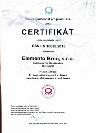 Certifikát Q3D dle ČSN EN 16636:2015 pro Elemento Brno, s.r.o. (TOPderax) – deratizace, dezinsekce, dezinfekce